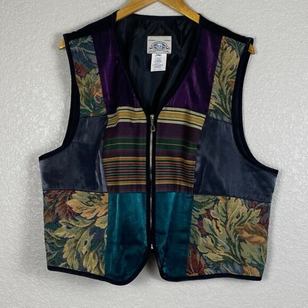 Vtg 90s Full Zip Vest Womens‎ 1X Patchwork Tapestry Velvet Autumnal Boho Lagom